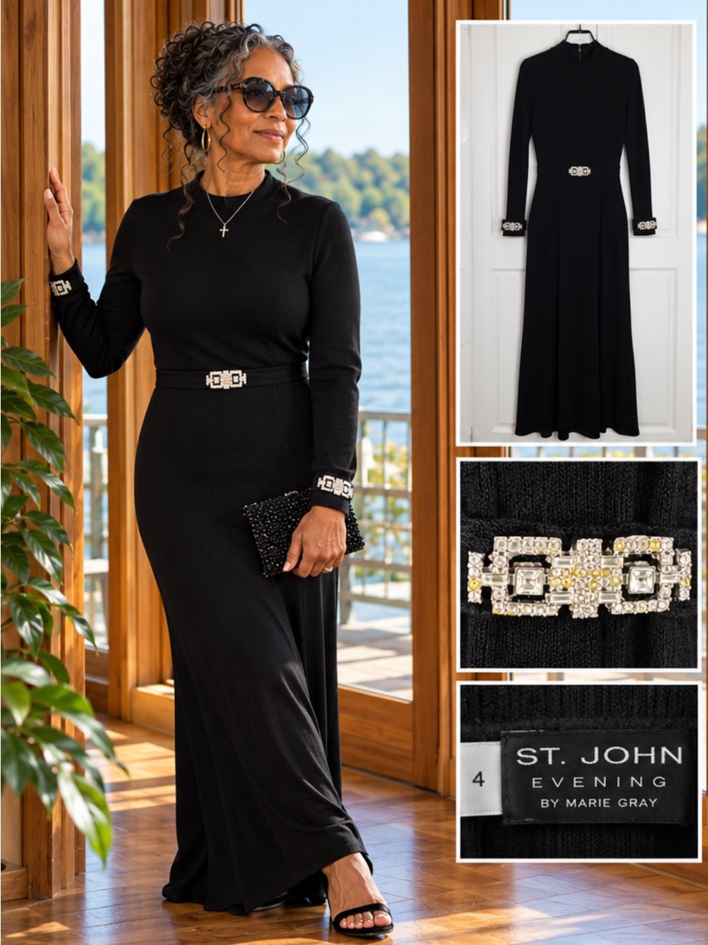Classic St John Evening Long Sleeve Black Maxi Dress with Decorative Buckles 4
